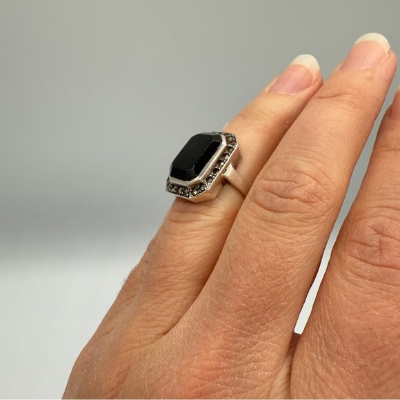 Art Deco 925 Silver Cocktail Ring in Black Accent and Marcasite Size - Picture 5 of 17